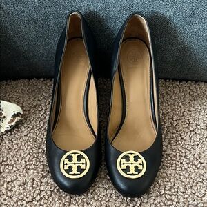 Tory Burch Black Flats with Gold Logo